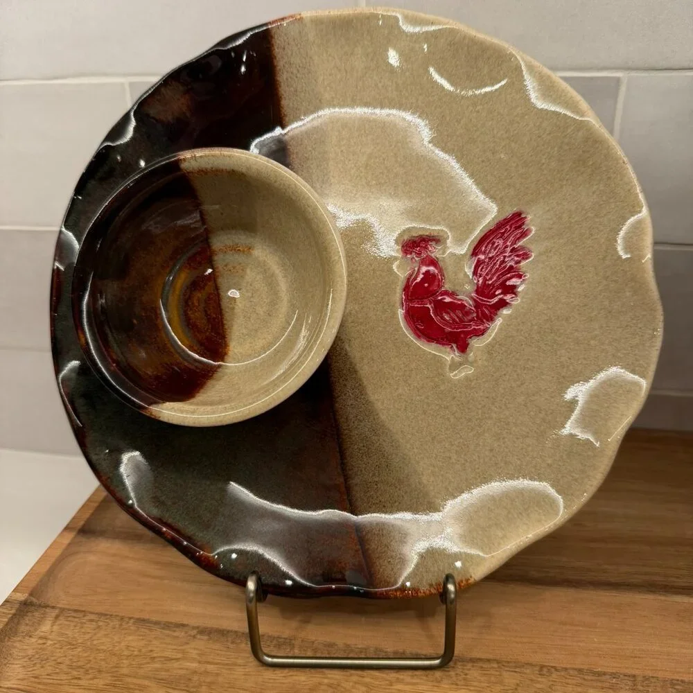 Old Julian Connie Black Red Rooster Chip and Dip Pottery‎ Plate